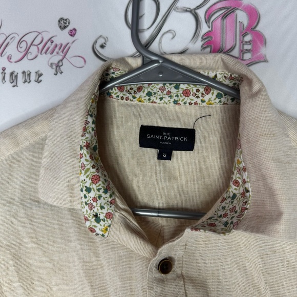 Rue saint Patrick Montreal button down tshirt top cream linen lightweight floral - Picture 6 of 9